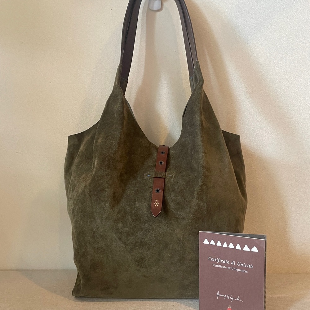 Henry Beguelin olive green suede slouchy  shoulder bag purse size M handmade